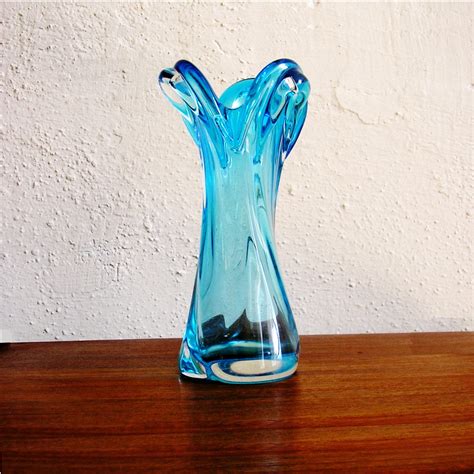 Vintage Turquoise Blue Clear Glass Flower Vase By Theirishbarn
