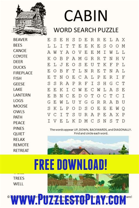 The Cabin Word Search Puzzle Is A Look At The Home In The Woods The