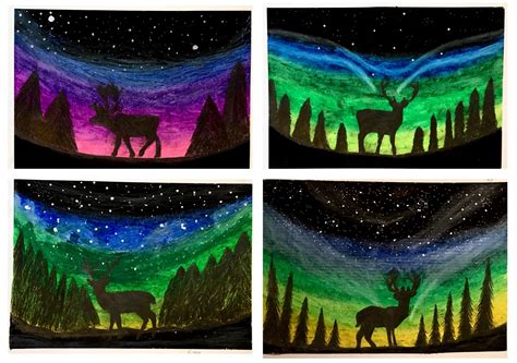 Art Room Britt Silhouetted Deer And Trees With Aurora