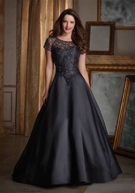 elegant a line black satin tulle beaded formal occasion evening dress with short sleeves