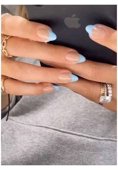 Blue French Almond Nails In 2021 French Acrylic Nails Gel Nails