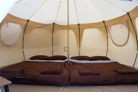 Inside A Camping Tent On A Sunny Summer Day Overlooking Stock Photo