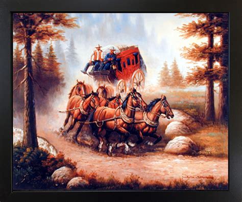 Western Cowboy With Old Red Stagecoach And Running Horses Wall Decor