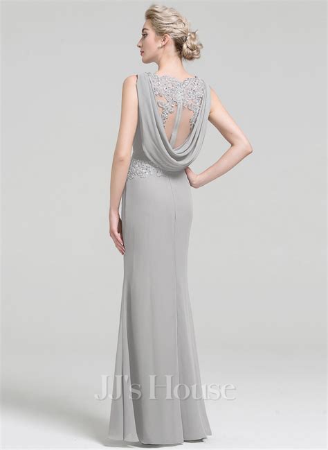 Sheath Column Scoop Floor Length Chiffon Lace Evening Dress With Beading Pleated Sequins