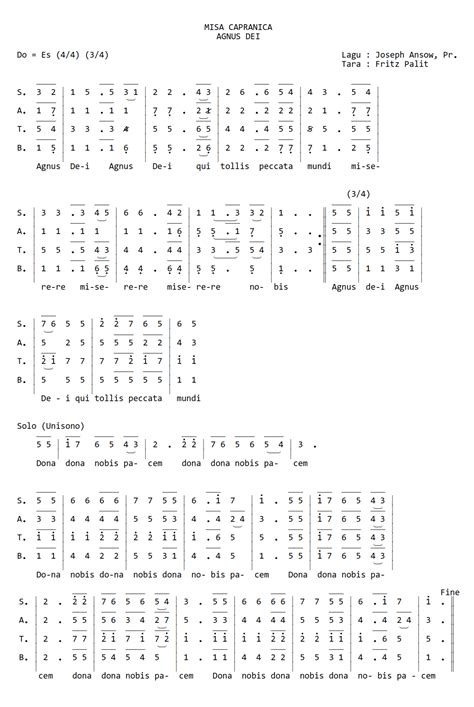 Agnus Dei - Ordinarium Misa Capranica | Teks Lagu SATB - My Avitalia