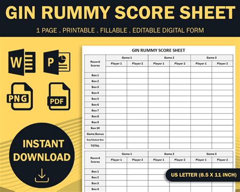 Printable Gin Rummy Score Sheet Classic Card Game Tracker Etsy