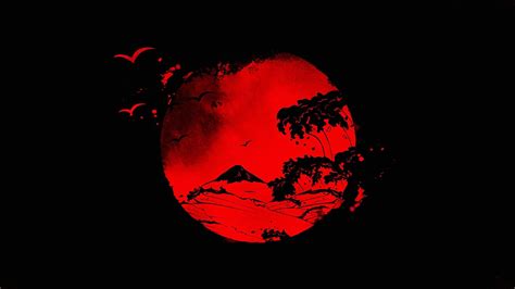 Red Moon Illustration Japanese Sun Drawing Fallen Angel 1080p
