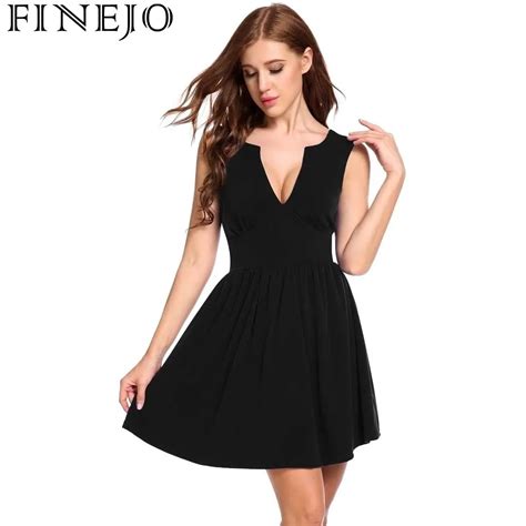 finejo women summer party dresses sexy sleeveless double deep v neck elastic wait dress a line