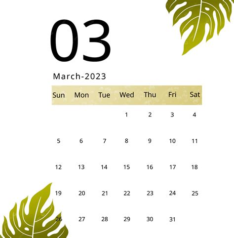 Transparenter Kalender Für März 2023 Mit Einem Monstera Blatt Thema