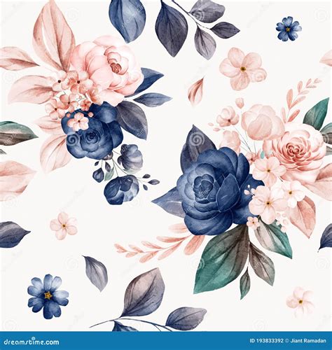 Floral Seamless Pattern Of Navy And Peach Watercolor Roses And Wild