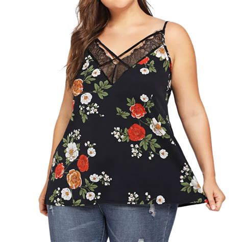 Women Camis Tank Tops Summer Plus Size Sleeveless Floral Print Lace