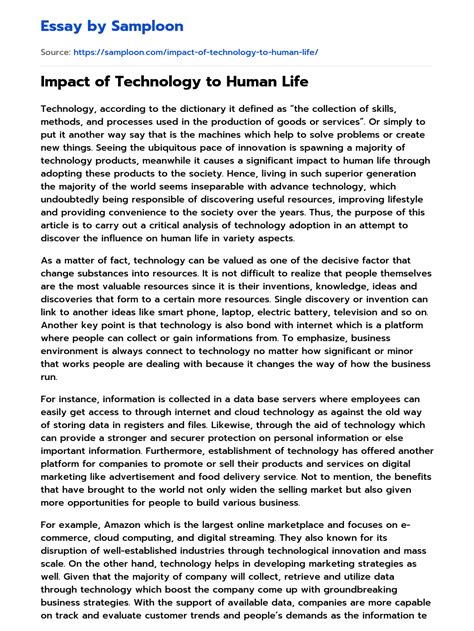 Impact Of Technology To Human Life Free Essay Sample On Samploon Com