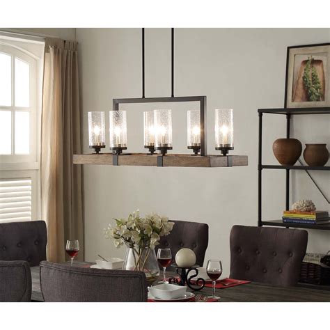 Vineyard Metal And Wood 6 Light Chandelier With Seeded Glass Shades