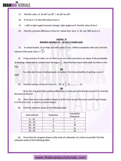 Download Cbse Class 10 Mathematics Basic Sample Paper For 2021