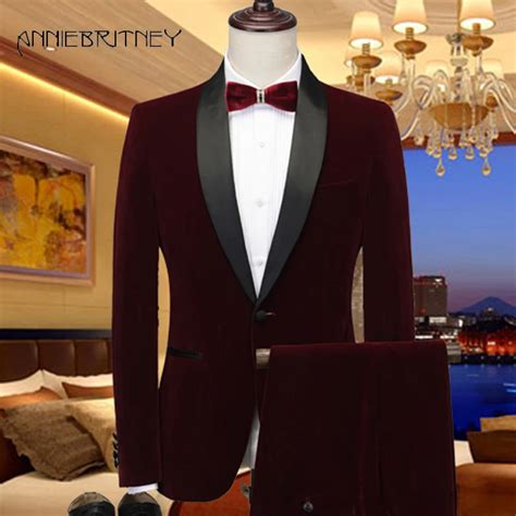 Velvet Suit Wedding Suit For Men Wine Red Marriage Groom Tuxedo Costume