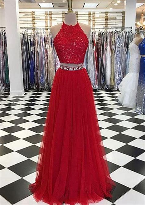 Cute Red Lace Two Pieces Long Beaded Belt Prom Dresses Girlsprom