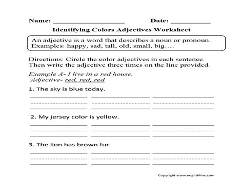 Take a look at the words and decide if they are nouns , verbs or adjectives. Identifying Colors Adjectives Worksheet | Adjective ...