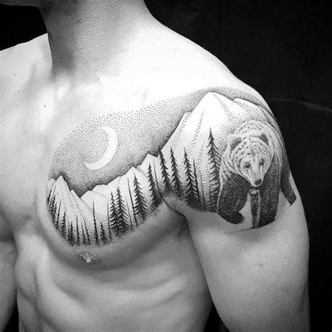 Dotwork Bear In Woods Cool Guys Arm Tattoos Cool Shoulder Tattoos Mens