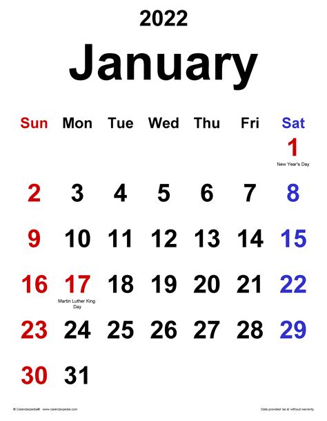 Printable Calendar January 2022 Templates Pdf Word Excel Images