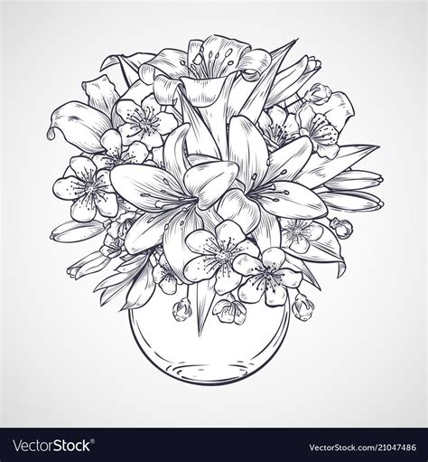 Illustration Bouquet Of Flowers Of Lily And Sakura In A Round Vase