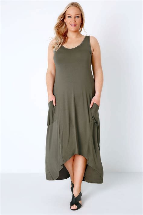 Khaki Maxi Dress With Drop Pockets And Dipped Hem Style Maxi Dress Hem