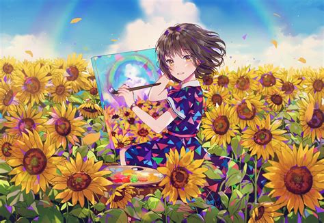 Wallpaper Windy Sunflowers Dress Anime Girl Field Painting Leaves