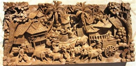 Hand Carved Thai Village Scene Teak Panel ภาพศิลป์