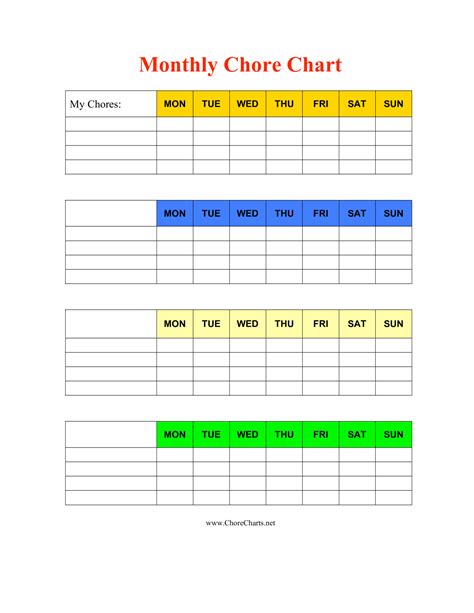Monthly Chore Chart For Kids Template Word Printable
