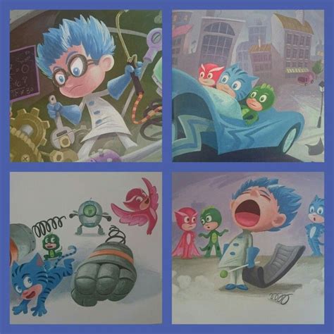 Four Different Pictures Of Cartoon Characters With Blue Hair And Green