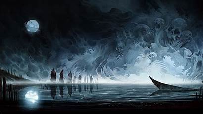 Fantasy Moon Dark Water Skull Lake Boat
