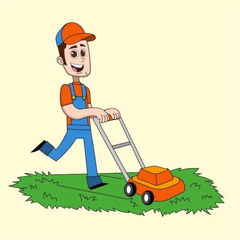 Premium Vector Hand Drawn Gardener Using Lawn Mower Cartooon Illustration