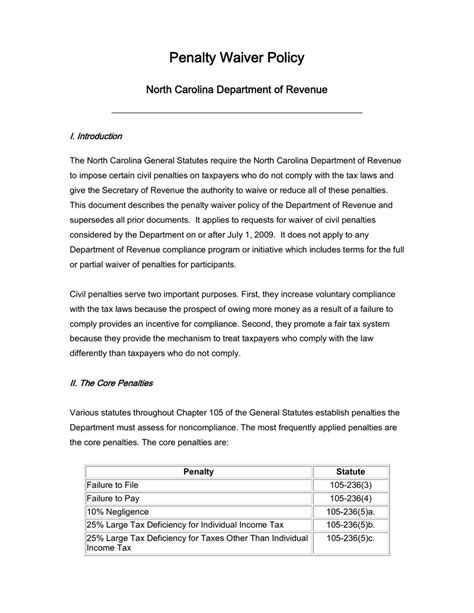 Waiver of late tax payment / filing penalty. Penalty Waiver Policy - North Carolina Department of Revenue