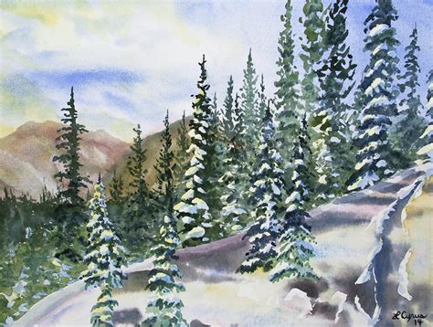 Watercolor Winter Snow Covered Landscape Painting By Cascade Colors