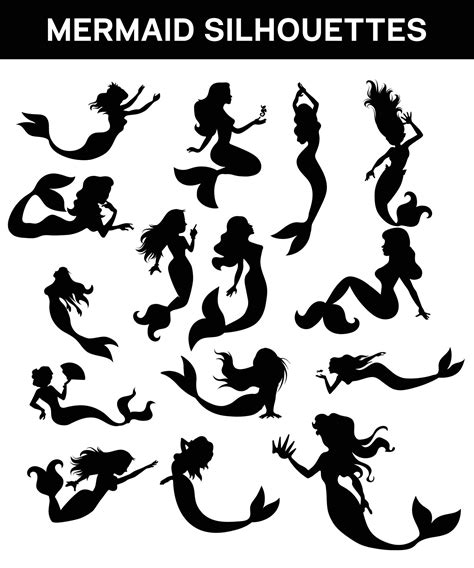 Set Of Mermaid Silhouettes Black Collection Vector Illustration