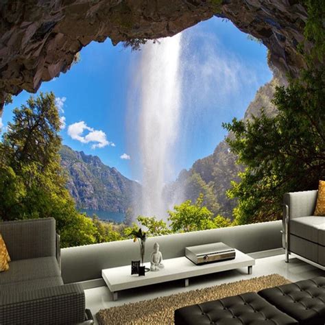 Custom 3d Photo Wallpaper Cave Waterfall Natural Landscape Large Wall