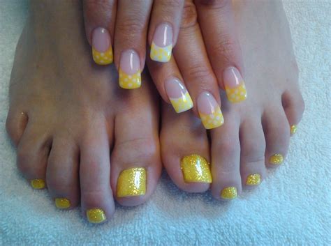 Yellow And White Polka Dot Nails And Toes Polka Dot