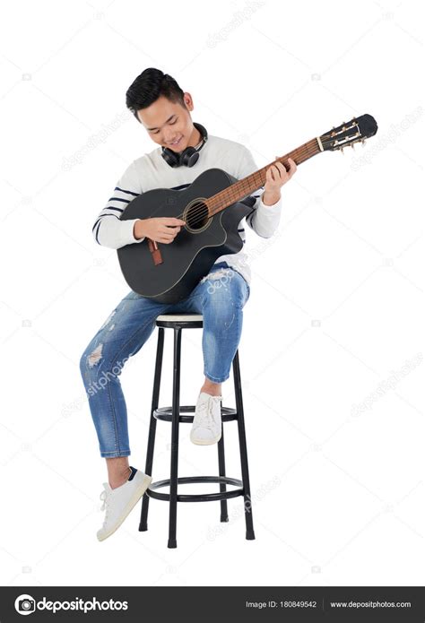 Talented Smiling Asian Man Sitting Stool Playing Guitar Stock Photo By