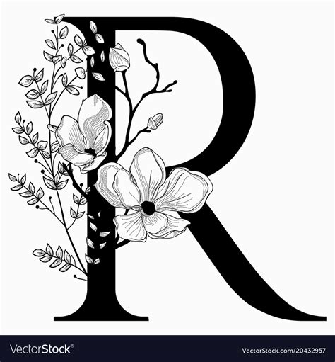 Hand Drawn Floral Uppercase R Monogram Royalty Free Vector