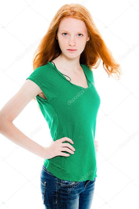 Pretty Girl With Long Red Hair Wearing Green Shirt