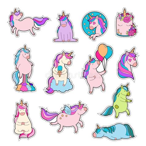 Magic Unicorn Patches Trendy Pink Unicorn Sticker Pack Stock Vector