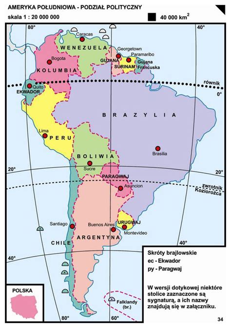 34. Ameryka Południowa – podział polityczny | Ameryka, Szkoła, Mapa