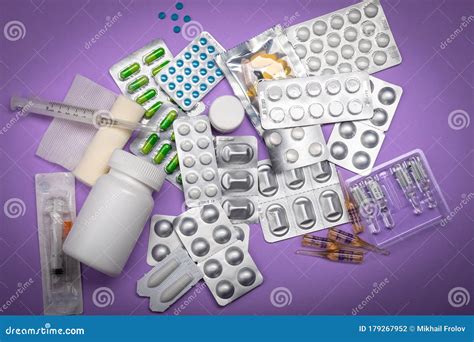 Different Medicines On A Lilac Background Varying Drugs For Different