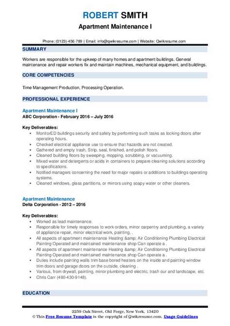 Apartment Maintenance Resume Samples Qwikresume