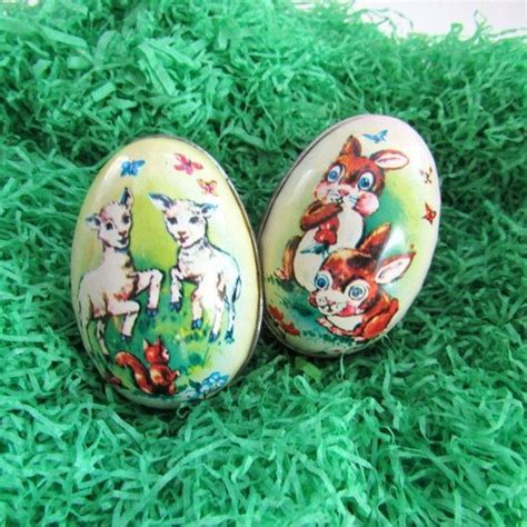 Vintage Small Tin Litho Easter Egg Candy Containers ~ Set Of 2 ~ Easter