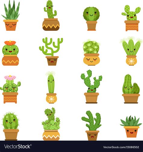 Cute Desert Plants Cactus In Pots Cartoon Vector Image