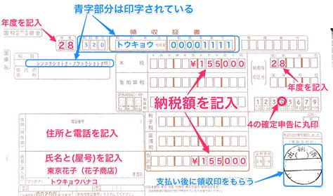 画像で解説、納付書の記入例、所得税を現金で支払う方法、個人事業主の確定申告 主婦が青色申告