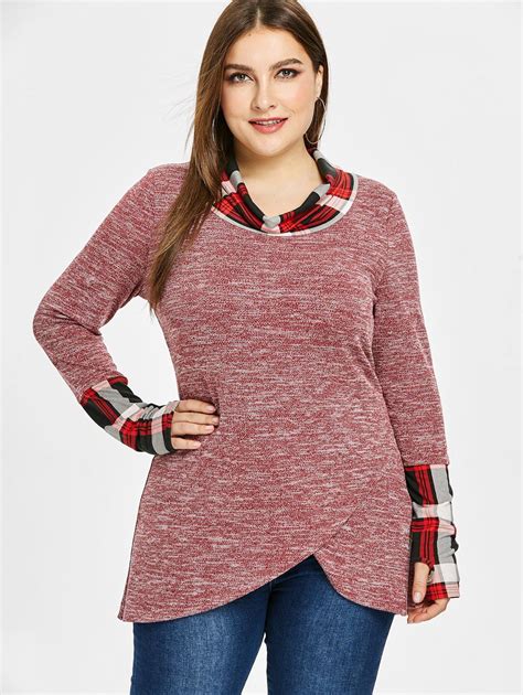 26 Off 2021 Plus Size Cowl Neck Plaid Trim Marled Top In Cherry Red
