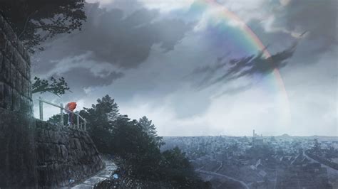 Download 3840x2160 Anime Landscape Rainbow Raining