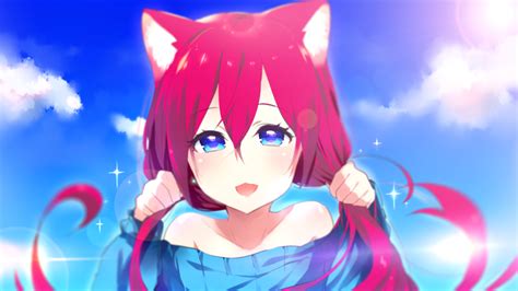 Animal Ears Aoiken Aqua Eyes Catgirl Cat Smile Clouds Jpeg