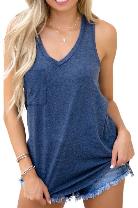 Wholesale Tank Tops Cheap Blue V Neck Racerback Tank Top With Pocket